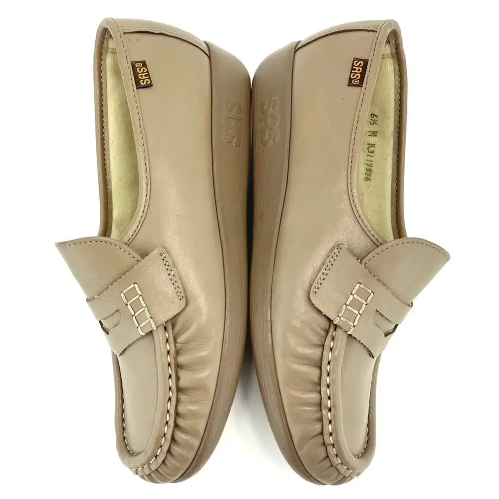 SAS Women Casual Penny Loafer Size 6.5 Tan Genuine Leather Comfort Low Wedge